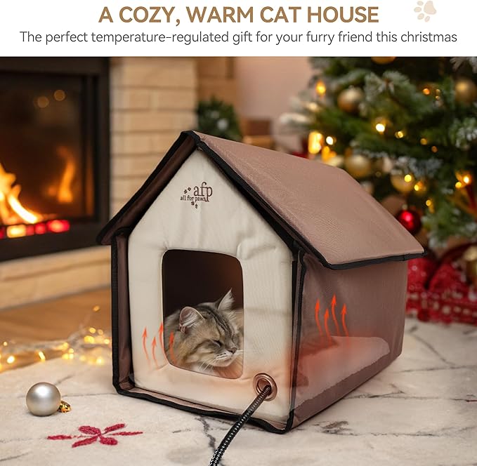 ALL FOR PAWS Heated Cat House, Indoor Cats Home for Winter with Heated Pad, Cat Houses & Condos, Heater Cat Bed for Feral Kitty, Thermo Kitty Home