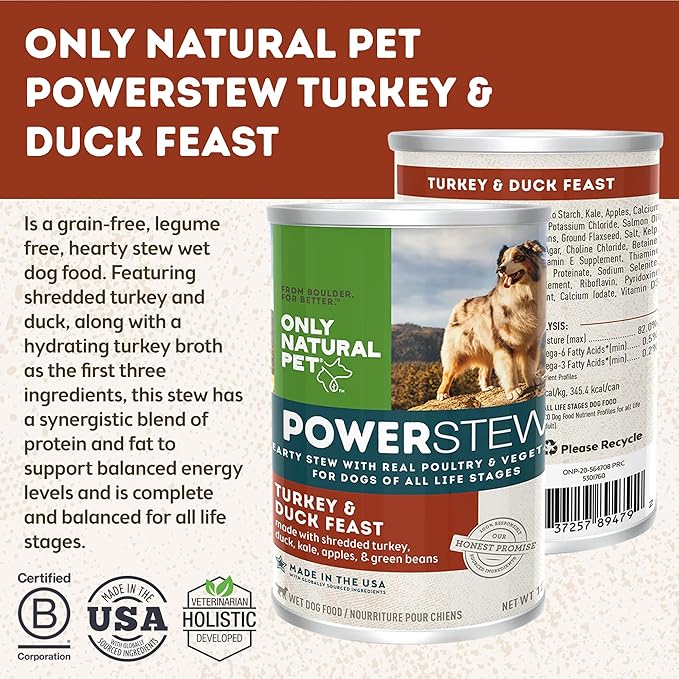 Only Natural Pet PowerStew Turkey & Duck Feast Wet Dog Food – Legume and Grain-Free with Savory Broth & Vegetables, Balanced for All Breeds and Ages, 12.5 oz Cans, Pack of 6 (T)