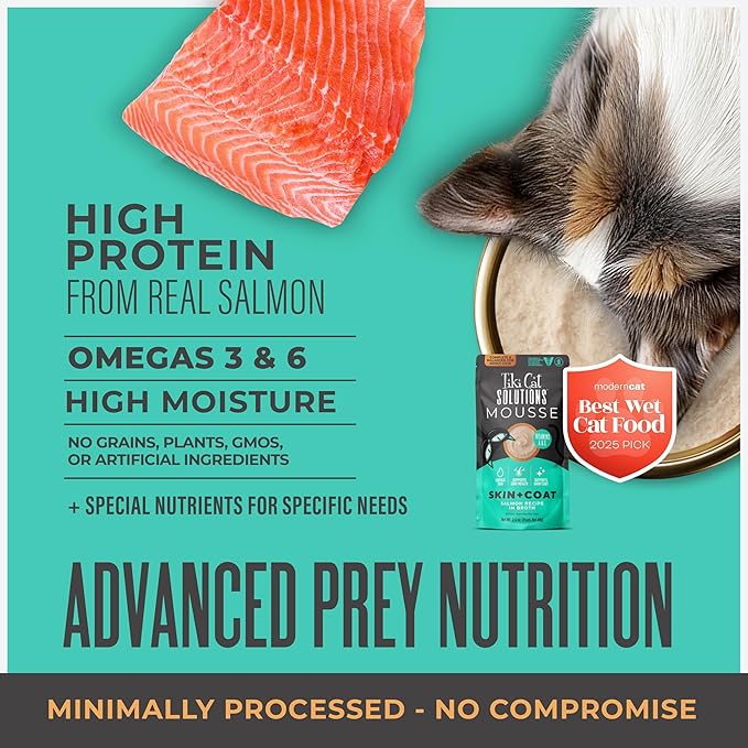 Tiki Cat Solutions Mousse Skin & Coat Mousse, Salmon Recipe, Specially Formulated with Omega Fatty Acids, Functional Wet Cat Food for Adult Cats, 2.4 oz. Pouch (12 Pack)