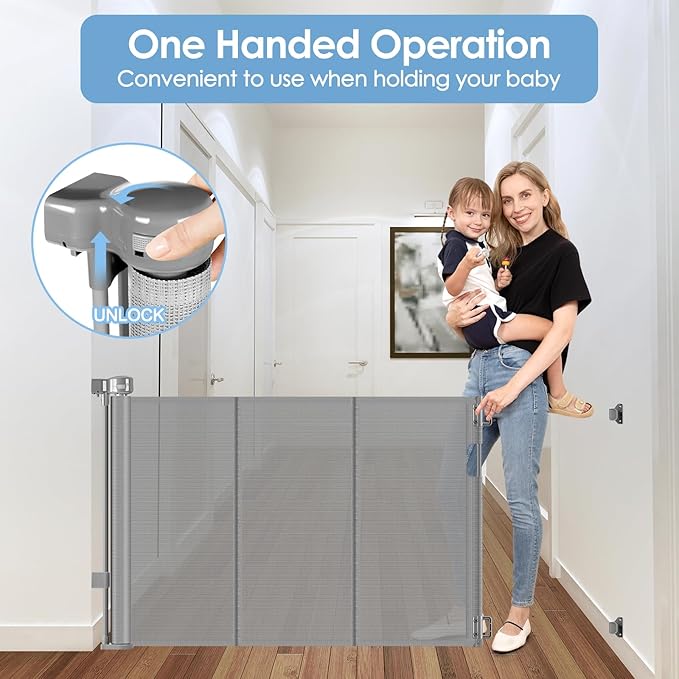 Reinforced Retractable Baby Gates with Support Rods, Retractable Gate for Babies and Pets Prevent Bottom Crawling Through, Extends up to 55” Wide, Mesh Dog Gate for The House Indoor Outdoor, Gray