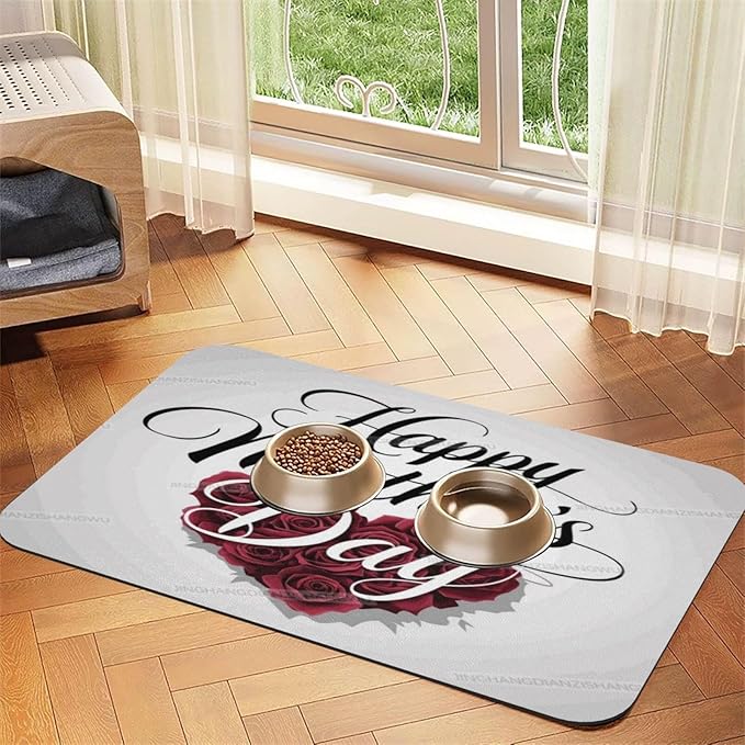 Pet Feeding Mat Happy Mother's Day Floral Gift Mom Rose Heart Absorbent Pet Placemat for Food Water Bowl with Waterproof Rubber Backing 24x16In Quick Dry Water Dispenser Mat for Dog Cat