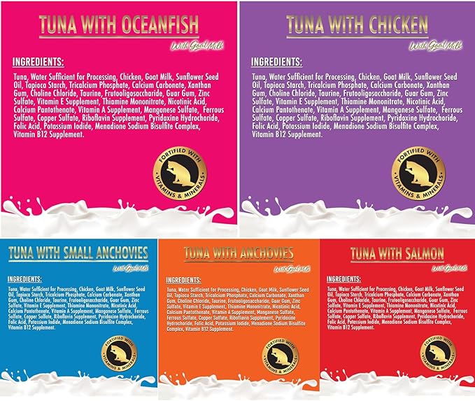 Fussie Cat Super Premium Canned Wet Cat Food in Goat Milk Gravy -2.47 oz Sized Cans - Variety Pack of 5 Flavors -2 Each (10 Cans Total) Plus lid