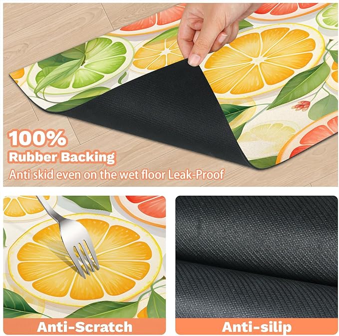 Lemon Fruit Dog Food Mat for Floors Absorbent Dog Bowl Mat for Food and Water Dispenser Quick Dry Cat Food Placemat Pet Supplies 17" x 30", Green Leaves