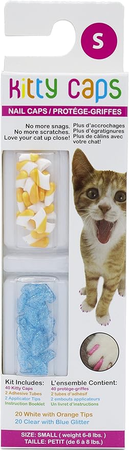 Kitty Caps Nail Caps for Cats, White with Orange & Clear with Blue Glitter - Safe, Stylish & Humane Alternative to Declawing Stops Snags & Scratches, Small (6-8 lbs), 40 Count