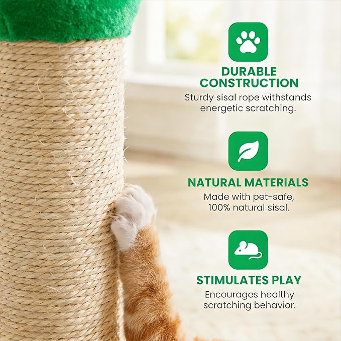 Cat Scratching Post, 22'' Cat Scratchers Tree Tower for Indoor Kitty with Extra Wide 12" Stable Base, Scratching Post with Natural Sisal & Velvet Fabric for Small, Medium Cat, Green