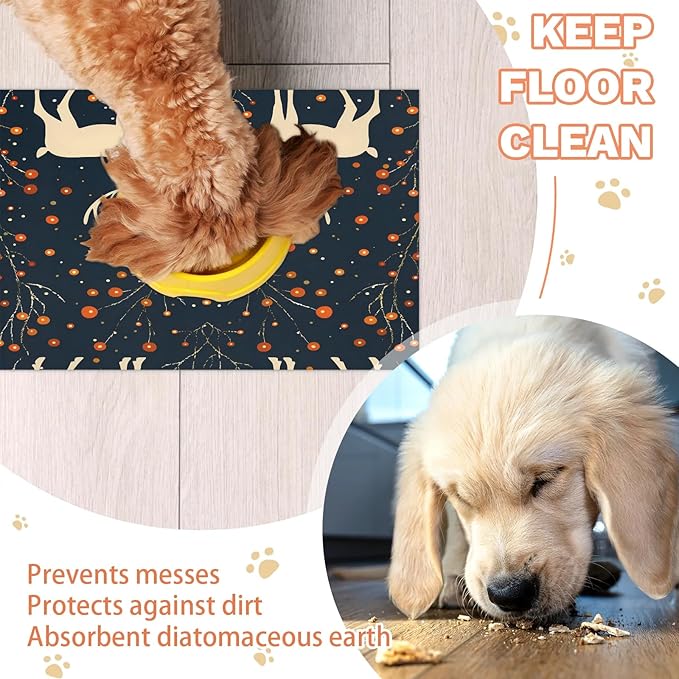 Christmas Deer Dog Food Mat for Floors Absorbent, Quick Dry Water Dispenser Mat for Food, Water, Pet Supplies 16" x 24", Holly