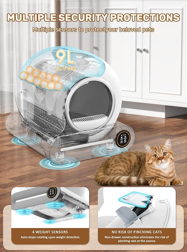 Automatic Litter Box, Upgraded Robot Self Cleaning Litter Box for Multiple Cats, 65L+9L Extra Large, Features Negative ion Sterilization and Deodorization, APP Control, 3 Rolls Litter Bag Liners