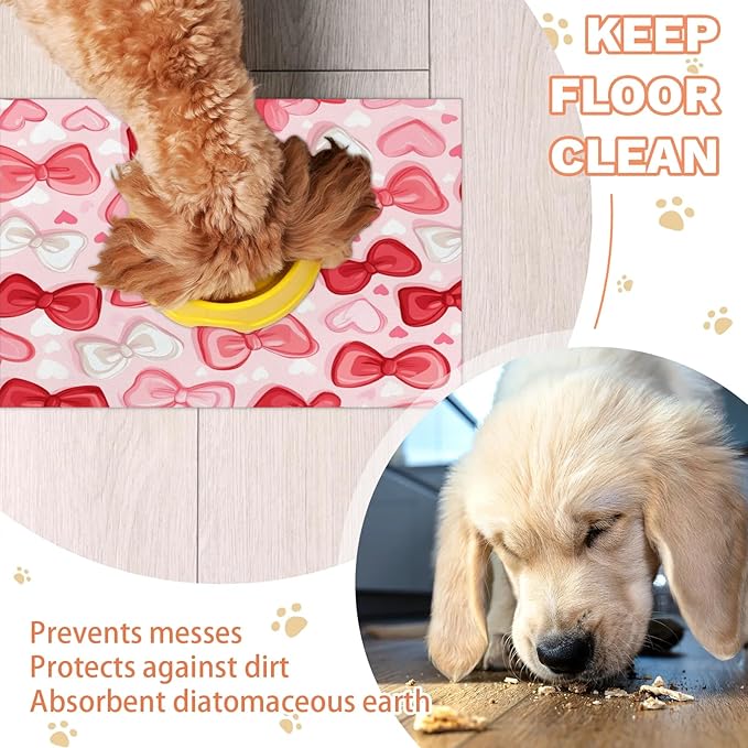 Cute Bow Dog Food Mat for Floors Absorbent, Quick Dry Water Dispenser Mat for Food, Water, Pet Supplies 17" x 30", Love