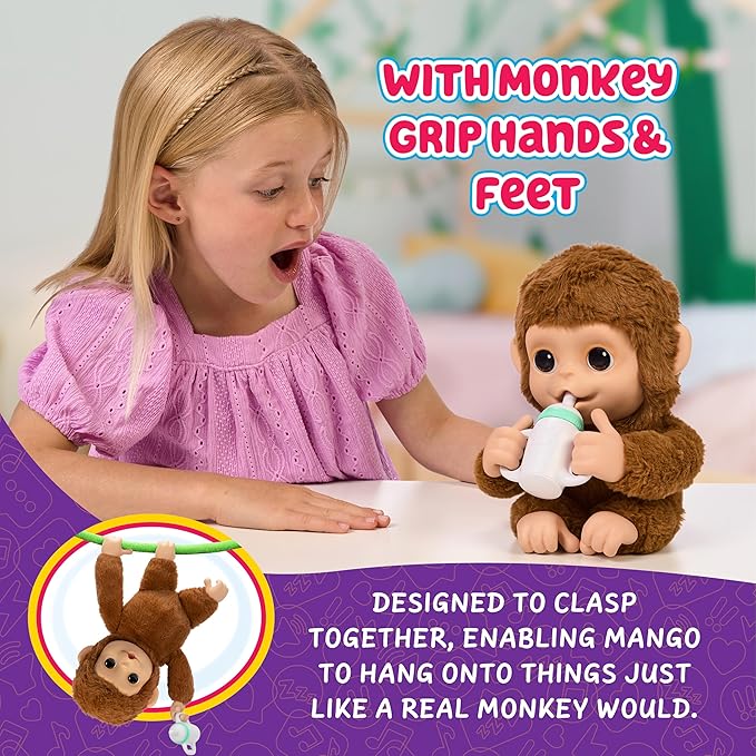 Little Live Pets My Baby Monkey Mango, 50+ Sounds and Reactions, Plush Interactive Monkey Toy Set with Accessories, Interactive Pets for Kids Ages 4+
