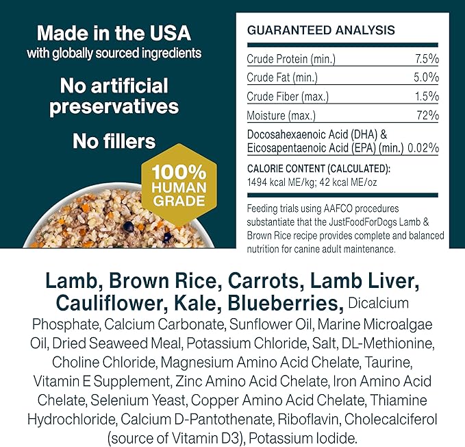 JustFoodForDogs Frozen Fresh Dog Food, Complete Meal or Topper, Lamb & Brown Rice Human Grade Dog Food Recipe, 72 oz (Pack of 7)