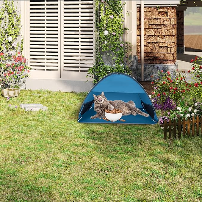 Outdoor Cat Feeding Station, 31.5 x 19.7 x 21.7 Inch Large Outdoor Pet House with Ground Nails for Fixing, Foldable Stray Cat Shelter for Feral/Community Cats, Small Dogs and Rabbits (Blue)