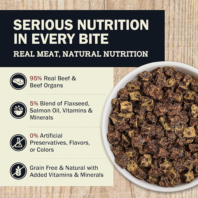 Redbarn Powerfood Air Dried Dog Food - 95% Beef & Beef Organs - High Protein Grain-Free Non-GMO Premium Dry Full Feed or Topper Made in USA with Omega 3 Salmon Oil Flaxseed - 2lb