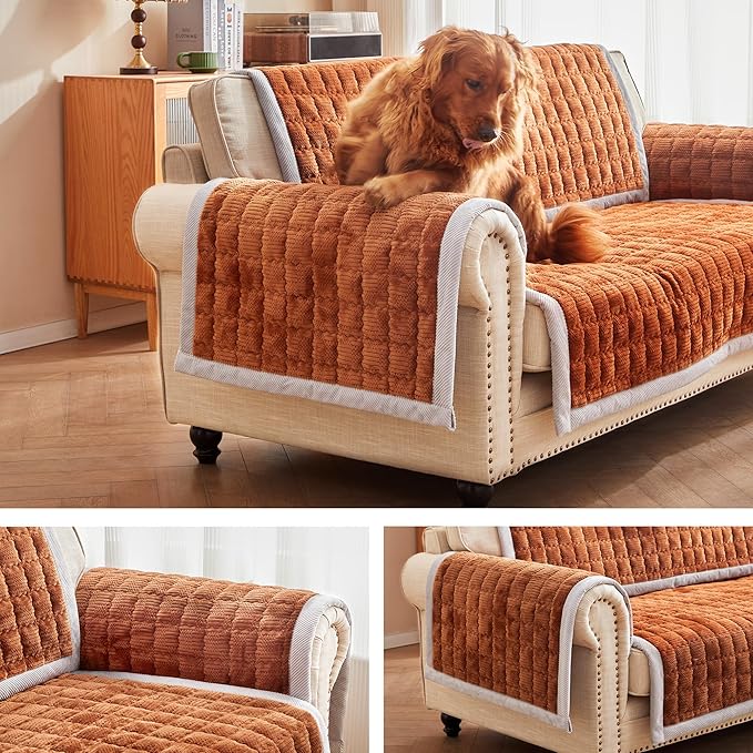 Couch Cover for Dogs Washable,Anti-Slip Back Cat Mat Pet Pad Blanket for Furniture Protector,Fuzzy Pet Sofa Cover for 3 Cushion Couch Sofa Pets Friendly (Curry, 2pc/22"x28"-Arm/Backrest Cover)
