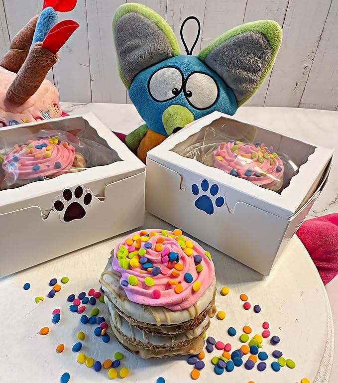 Dog Birthday Cake- Pink Petit Four Cake- Bad to the Bone by Dezicakes- Perfect Dog Party Cake Boxed & Decorated- Natural Ingredients -Peanut Butter Apple Cinnamon Birthday Cake- Handmade in USA