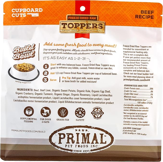 Primal Dog Food Toppers & Cat Food Toppers, Cupboard Cuts, Grain Free Meal Mixers with Probiotics, Raw Freeze Dried Dog Treats & Cat Treats, Great for Training (Beef, 18 oz)