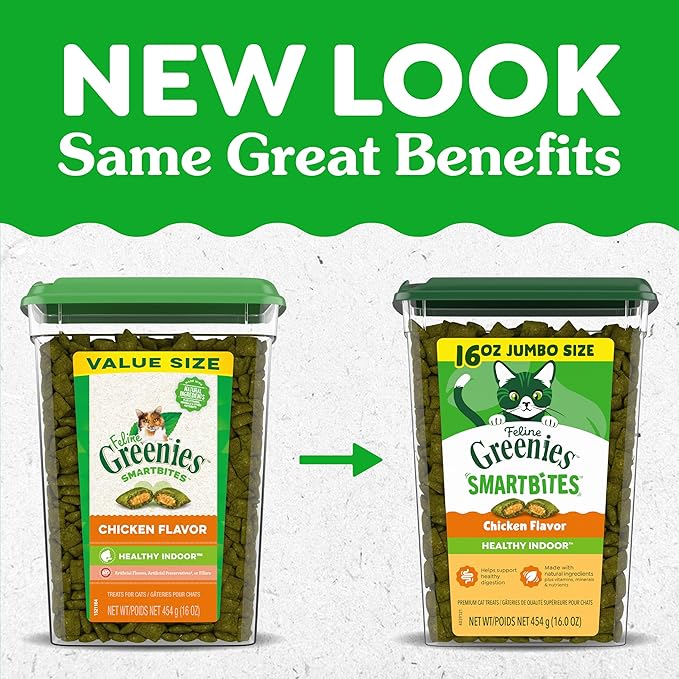 Greenies Feline Smartbites, Cat Treats Healthy Recipe, Indoor Cat Treats, Chicken Flavor, 16 oz. Tub