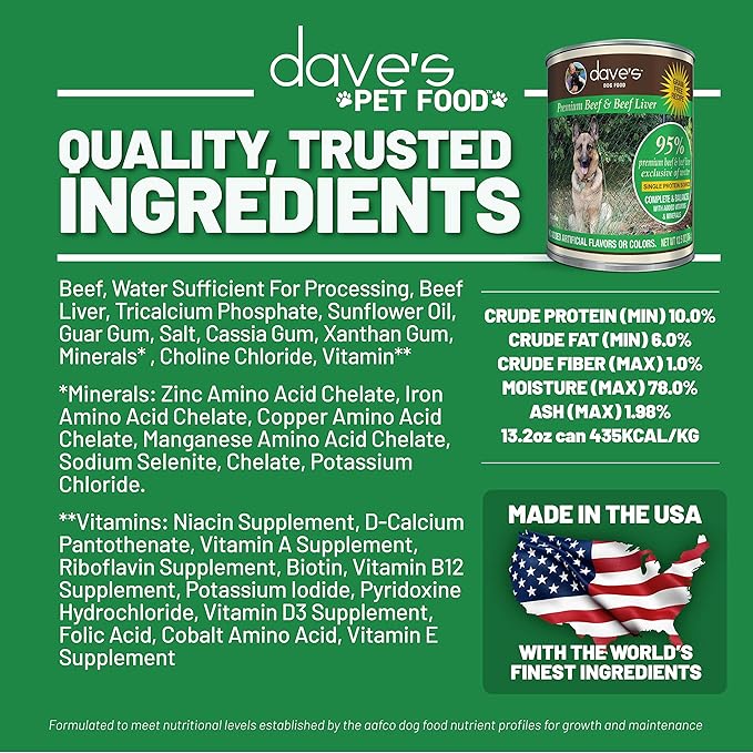 Dave's Pet Food Grain Free Wet Dog Food (95% Beef & Beef Liver), Made in USA Single-Source Protein, Limited Ingredients Added Vitamins & Minerals, 12.5 oz Cans (12 Pack)