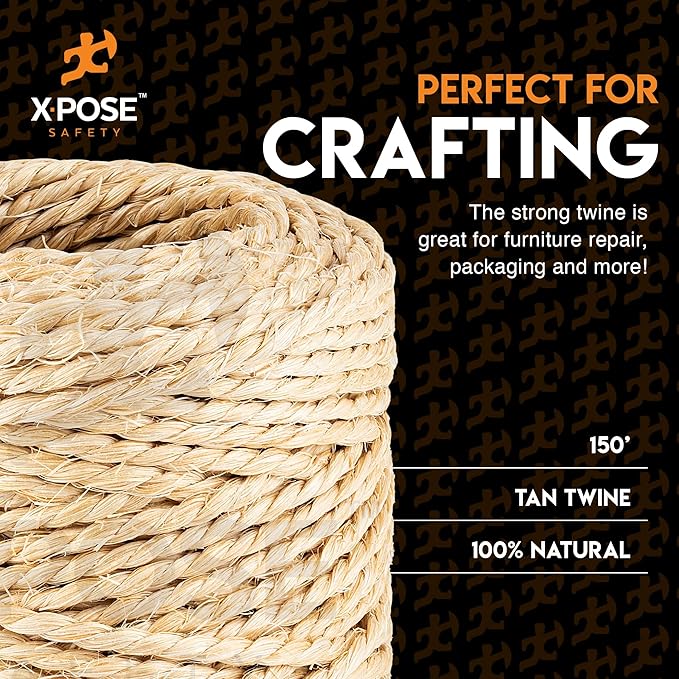 Sisal Twine - Thin Natural Fiber Rope on Spool - Rope for Cat Scratching Post, Cat Tree Replacement Parts, Pet Toy - Decorative Cordage, Pole Wrap (6, 2 Ply 150ft)