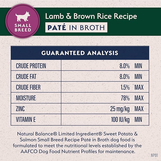 Natural Balance Limited Ingredient Small Breed Adult Wet Dog Food, Lamb & Brown Rice Recipe for Sensitive Stomachs - 3.5oz Cups (Case of 12)