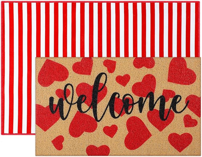 Tinideya 2 Pcs Valentines Welcome Door Mat Heart Outdoor Welcome Mats for Front Door Non Slip Heart Coir Floor Mat Red White Stripe Valentines Rug for Outside Front Porch Entryway Decor