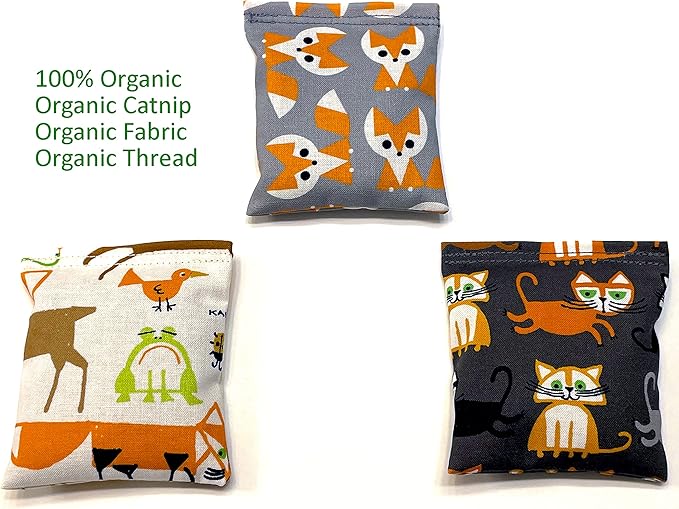 Organic Catnip Toys, Made with GOTS Certified Organic Fabric, Organic Catnip, Organic Thread, One package of 3 toys, Handmade in the USA