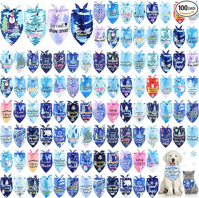 Kacctyen 100 Pcs Winter Dog Bandanas Bulk Snow Dog Adjustable Cute Washable Triangle Kerchief Scarf Bibs for Small to Medium Pet Seasonal Party Costume Accessories
