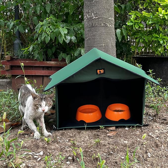 Outdoor Cat House, Waterproof Pet Shelter/Dining Room, for Feral/Community Cats (Green1)