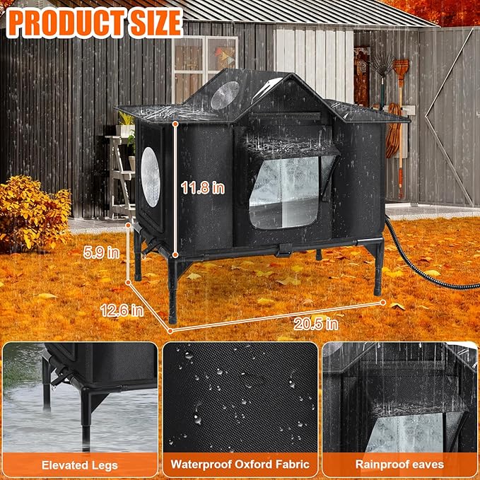Heated Outdoor Cat House Weatherproof with Heating Pad, Insulated Feral Cat Houses for Outdoor Cats, Safe Escape Door, Heated Cats House for Outside, Outside Stray Cats Shelter with Elevated Base(M)