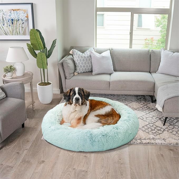 Best Friends by Sheri Original Calming Donut Dog and Cat Bed, Shag Faux Fur, Baby Blue, XL (45in x 45in) - Anxiety Relief for Pets Up to 150 lbs