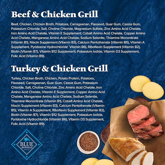 Blue Buffalo Wilderness Beef and Chicken Grill and Turkey and Chicken Grill High-Protein Wet Dog Food for Adult Dogs, 12.5 oz. Cans, 6 Count Variety Pack