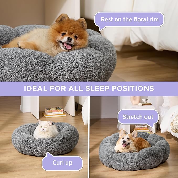 Lesure Calming Large Dog Bed - Flower Donut Round Fluffy Puppy Bed in Plush Teddy Sherpa, Non-Slip Cute Flower Dog Beds, Large Pet Bed Fits up to 100 lbs, Machine Washable, Grey 36"