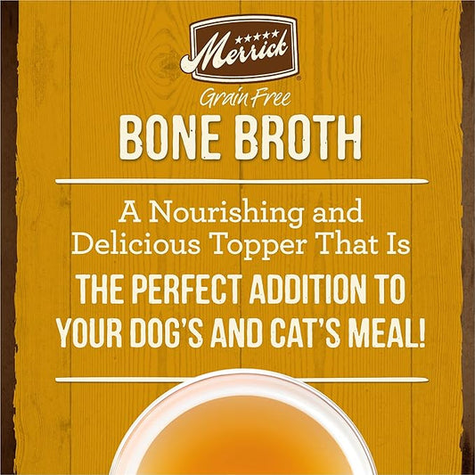 Merrick Grain Free Bone Broth, Premium Human Grade And Gluten Free Dog And Cat Food Topper Pouches, Chicken - 7 oz. Pouch