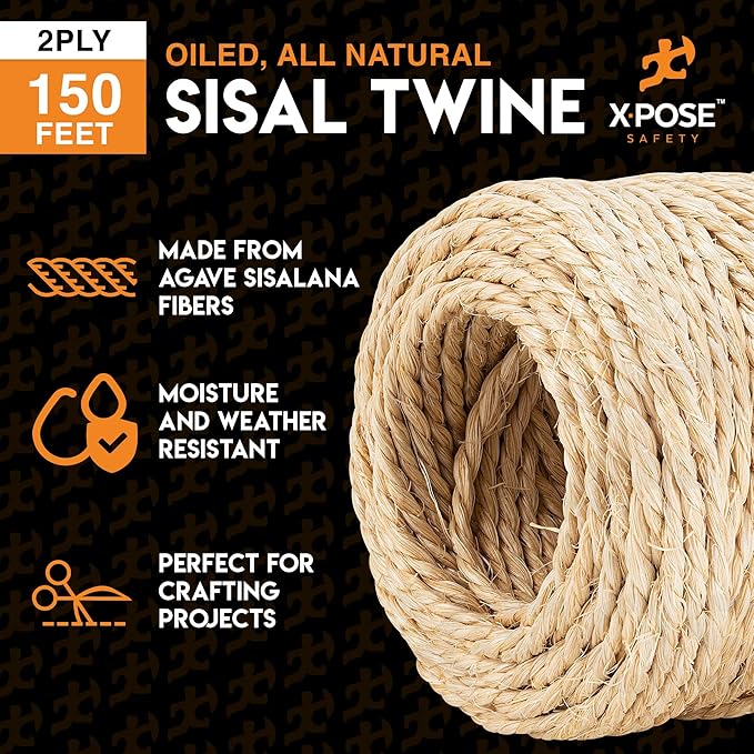 Sisal Twine - Thin Natural Fiber Rope on Spool - Rope for Cat Scratching Post, Cat Tree Replacement Parts, Pet Toy - Decorative Cordage, Pole Wrap (6, 2 Ply 150ft)