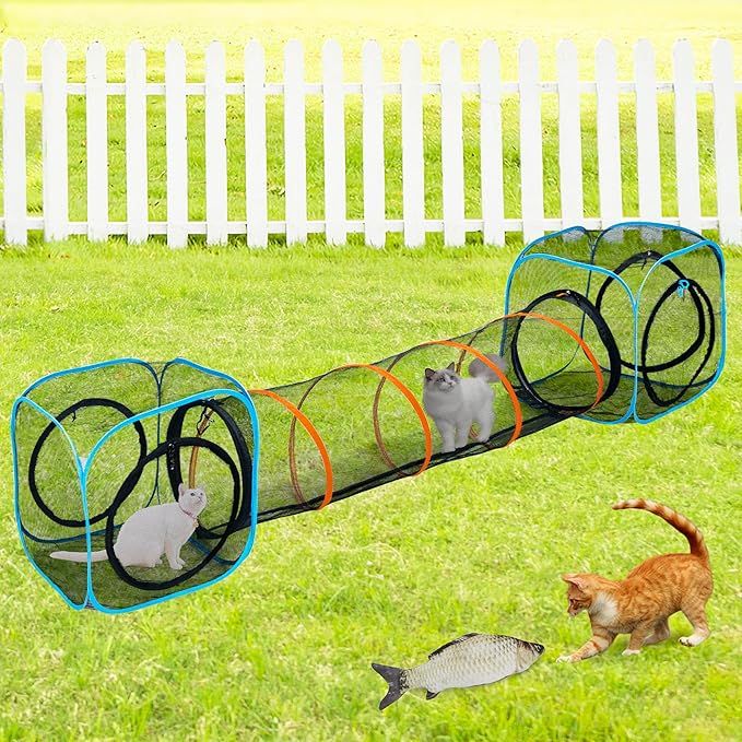 Collapsible Cat Play Tunnel & House for Indoor/Outdoor, Easy Connect with Cat Tent (2 Cubes + Run Tunnel)