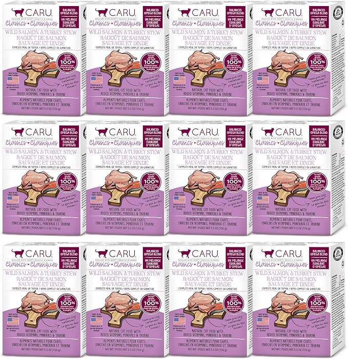 Caru - Classics Wild Salmon & Turkey Stew - For Cats - Supports Overall Pet Health - Wet Cat Food/Meal Topper - Human Grade Ingredients - Non-GMO - Made in USA - 5.5 oz - Case of 12