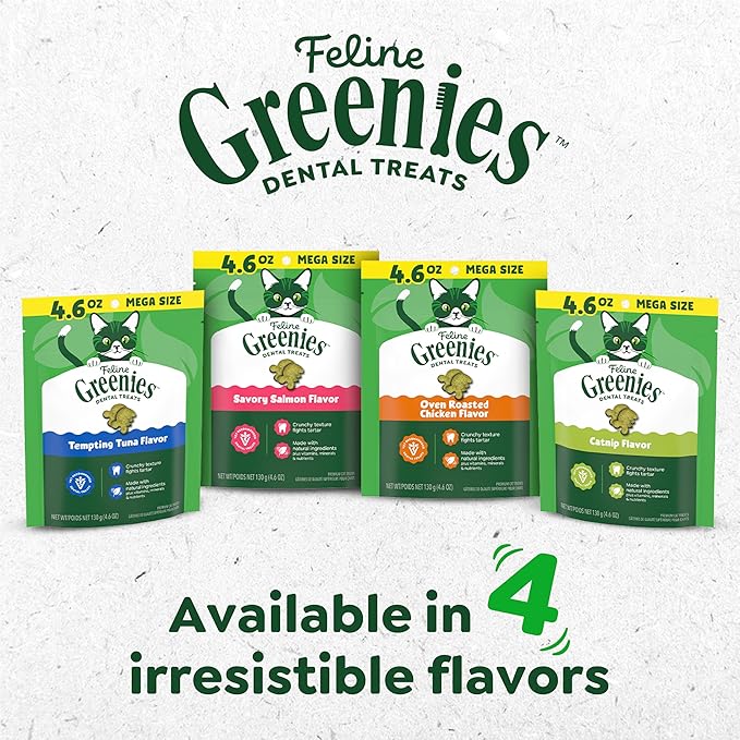 Greenies Cat Treats, Feline Veterinarian-Recommended Adult Natural Dental Cat Treats, Savory Salmon Flavor, 2.1 oz. Pouch