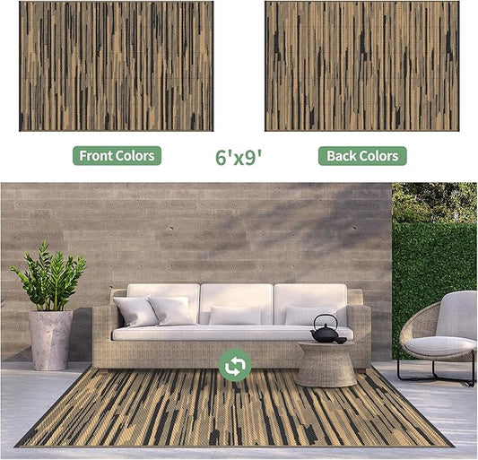 GENIMO Outdoor Rug for Patio Clearance, 6'x9' Waterproof Camping Mat, Reversible Plastic Straw Rugs for RV, Camper, Balcony, Backyard, Picnic, Deck (Black Brown)