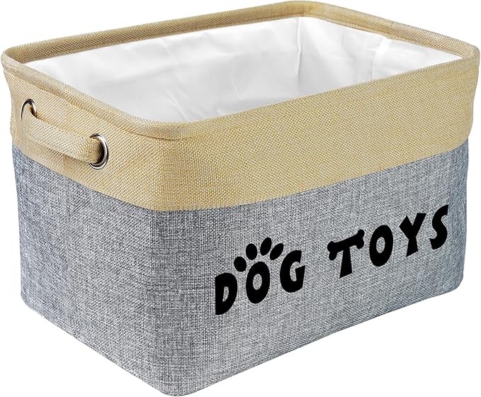 PET ARTIST Dog Toy Basket, Collapsible Dog Toy Bin Box with Comfortable Handles, Large Pet Toy Storage Basket Organizer for Accessories, Toys, Coat & Clothing, Blanket & Leash, Gray, 15"x11"x9"