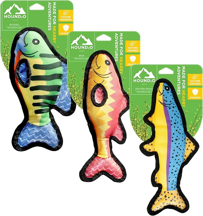 Plush Dog Toys | 3 Pack Bluegill, Trout, & Bass Fish Stuffed Animal Squeaky Toy for Dogs | Outdoor Pet Toy Built for Adventure
