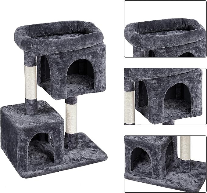 Yaheetech Cat Scratching Post, 33in H Cat Scratcher with Sisal Rope, Cat Furniture w/Large Condos＆Top Perch for Indoor Kitten/Adult Cats, Dark Grey