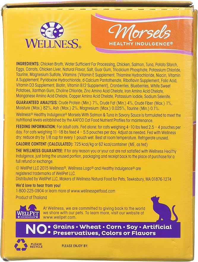 Wellness Healthy Indulgence Natural Grain Free Morsels with Salmon & Tuna in Savory Sauce Wet Cat Food, 3 oz., Case of 12