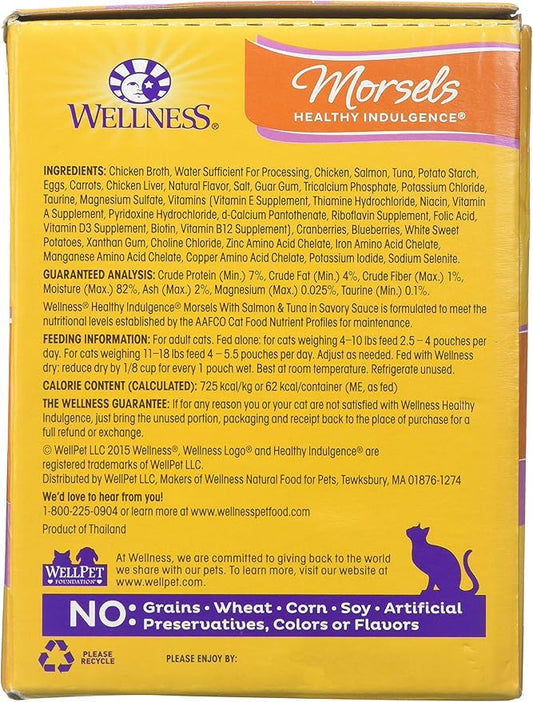 Wellness Healthy Indulgence Natural Grain Free Morsels with Salmon & Tuna in Savory Sauce Wet Cat Food, 3 oz., Case of 12