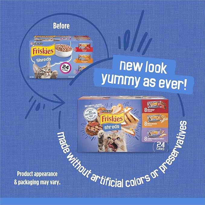 Friskies Wet Cat Food Variety Pack, Shreds Beef Chicken Turkey & Cheese | 48 Pack | 5.5 oz Cans
