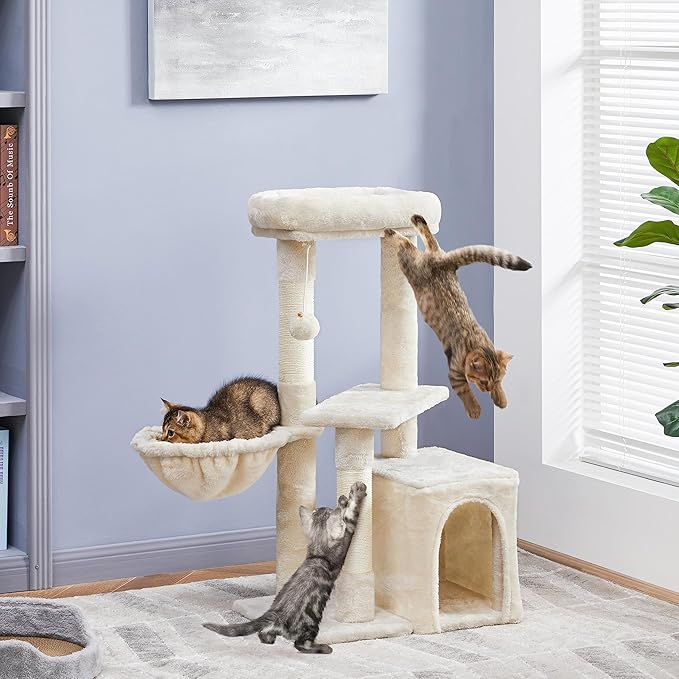 Yaheetech 34.5in Scratching Post, Cat Scratchers for Indoor Cats and Kittens, Multifunctional Activity Post w/Sisal Rope＆Dangling Ball＆Large Condo, Beige