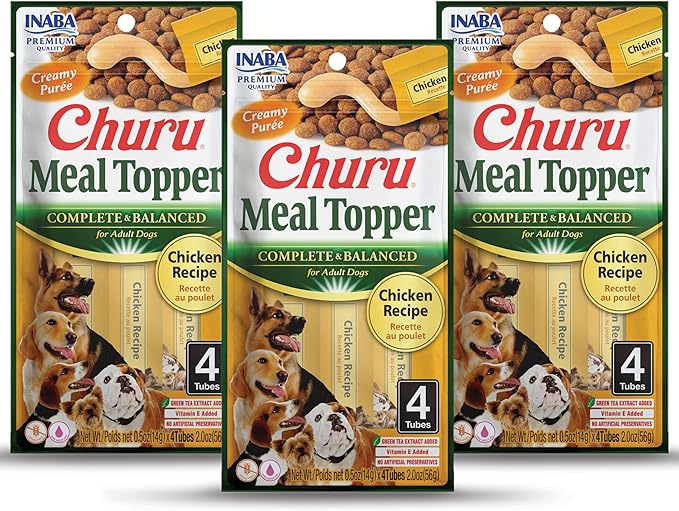 INABA Churu Meal Topper for Dogs, Complete & Balanced, Creamy, Lickable Purée Dog Food Topper, 0.5 Ounce Tube, 12 Tubes (4 per Pack) Chicken Recipe