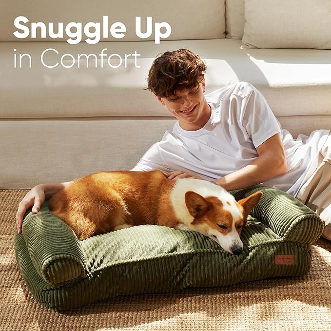 FUKUMARU Cute Dog Bed, Thickened Orthopedic Dogs Couch, 36in Egg Crate Foam Pet Sofa for Medium to Large Dogs, Waterproof Warm Corduroy Pet Bed with Washable Cover, Green