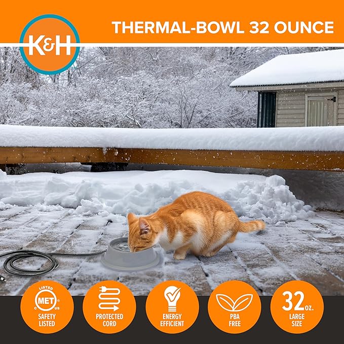 K&H Pet Products Thermal-Bowl Heated Water Bowl for Cats & Dogs Outside, Safety Listed Outdoor Heated Dog Dish for Pets, Automatic No Freeze, Anti Chew Cord - 32 Ounces Gray 12W