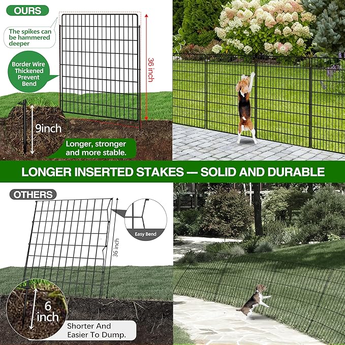 10 Panels Dog Fence Outdoor for Yard, 36 in(H) X 24 ft(L) Decorative Garden Fence Rustproof No Dig Animal Barrier Fencing Metal Wire Panel Border Patio Rabbits Ground Stakes Fencing