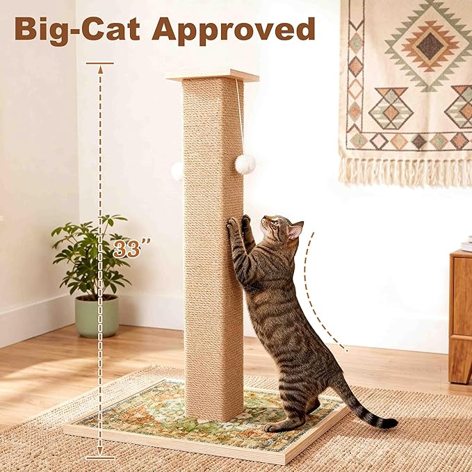 Tall Cat Scratching Post, 33" Boho Carpet Cat Scratcher with Perch for Indoor Cats, Large Base Sisal Scratch Post for Adults & Kittens with Dangling Ball Toy