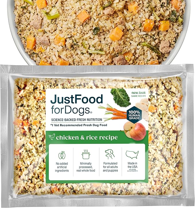 JustFoodForDogs Frozen Fresh Dog Food, Complete Meal or Dog Food Topper, Chicken & Rice Human Grade Dog Food Recipe, 72 oz (Pack of 7)